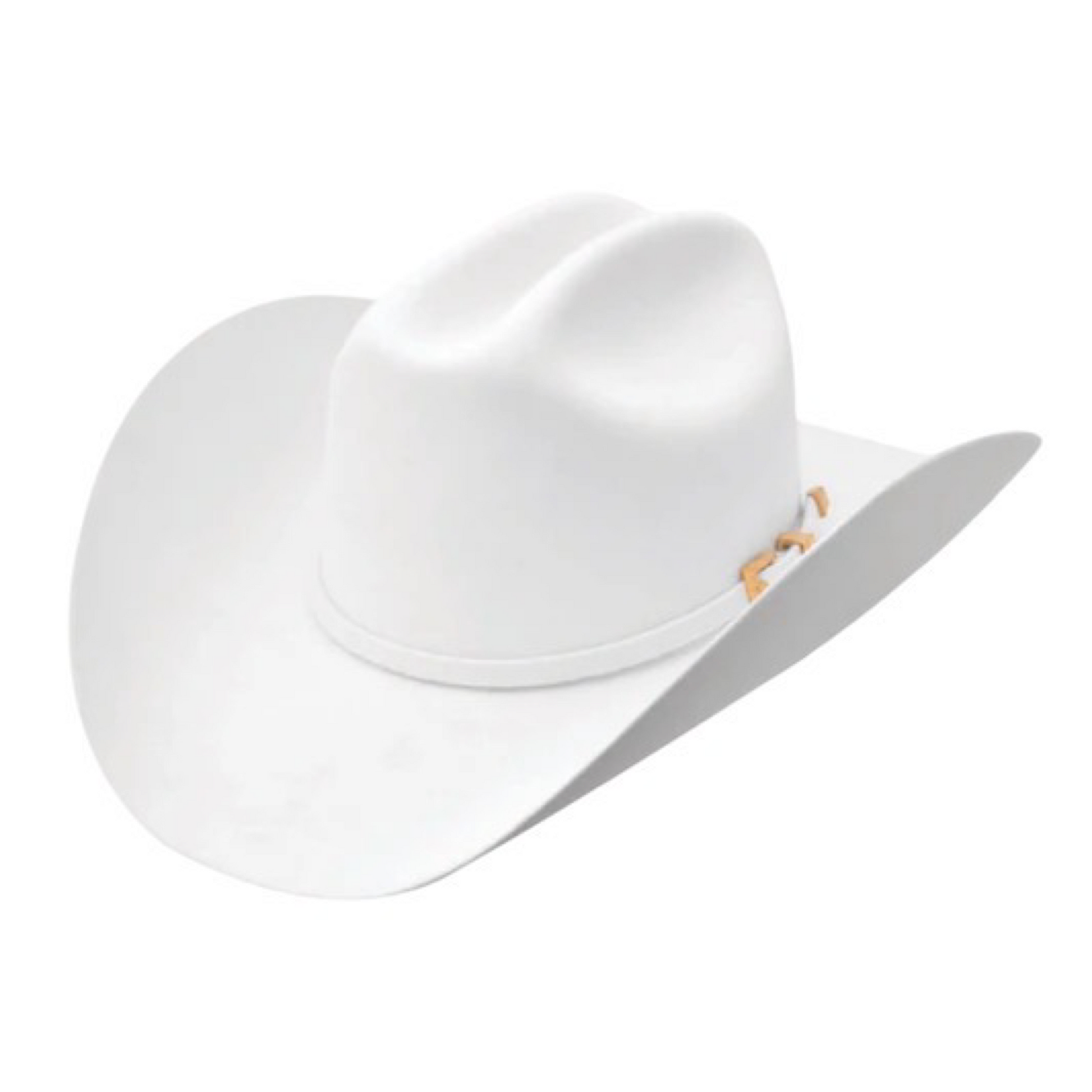 A white cowboy hat with a round crown and a wide brim, featuring a subtle pattern around the base.