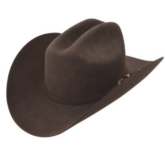 A brown cowboy hat made of beaver fur felt, featuring a flat brim and a band around the crown.