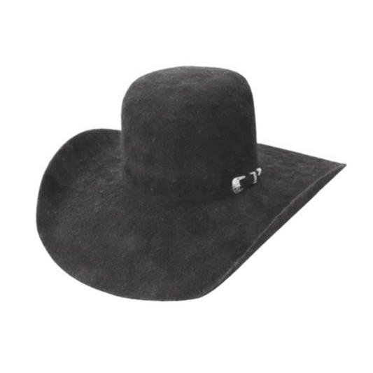 A black cowboy hat with a wide brim and a pin decoration on the side.