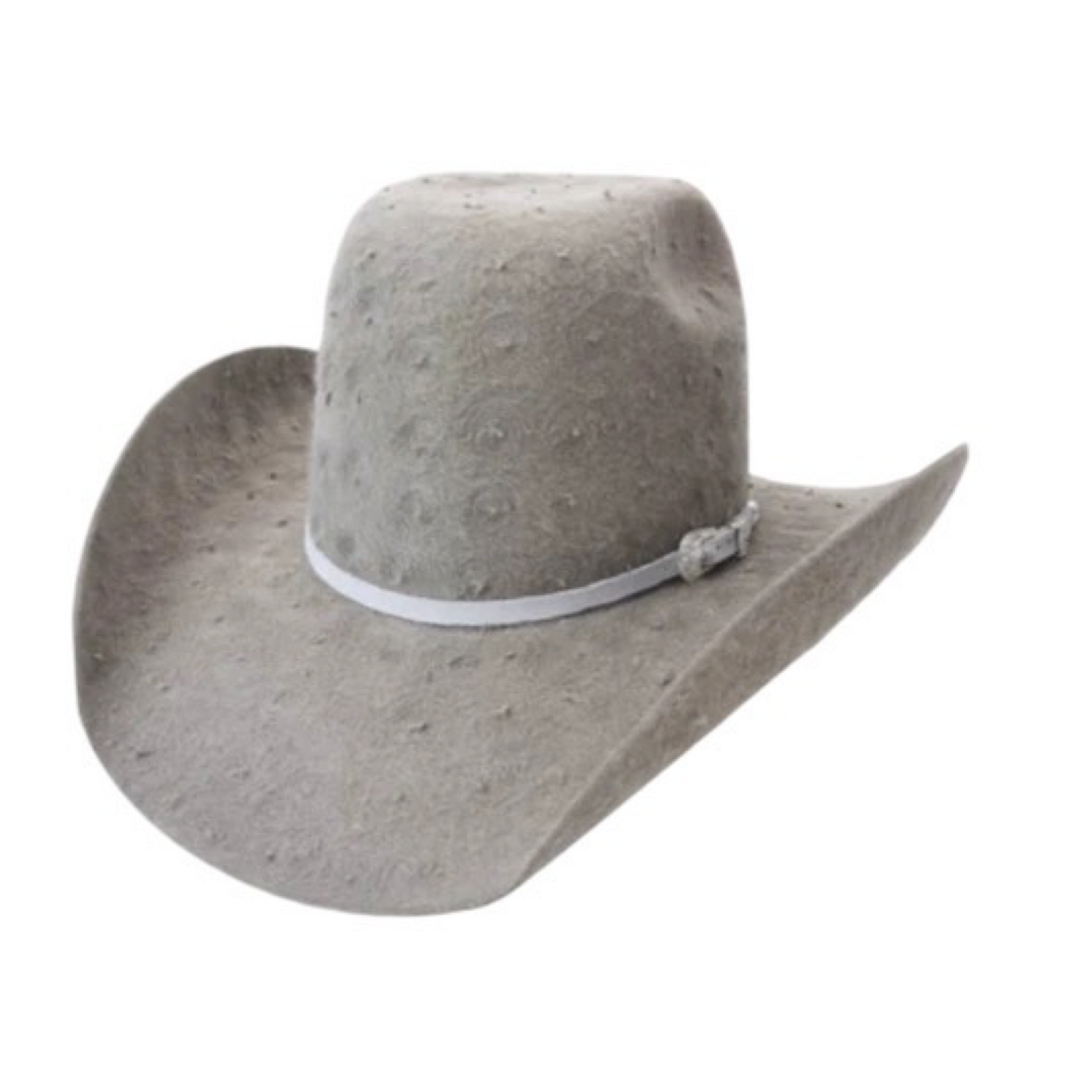 A gray cowboy hat with a white band featuring a diamond pattern.
