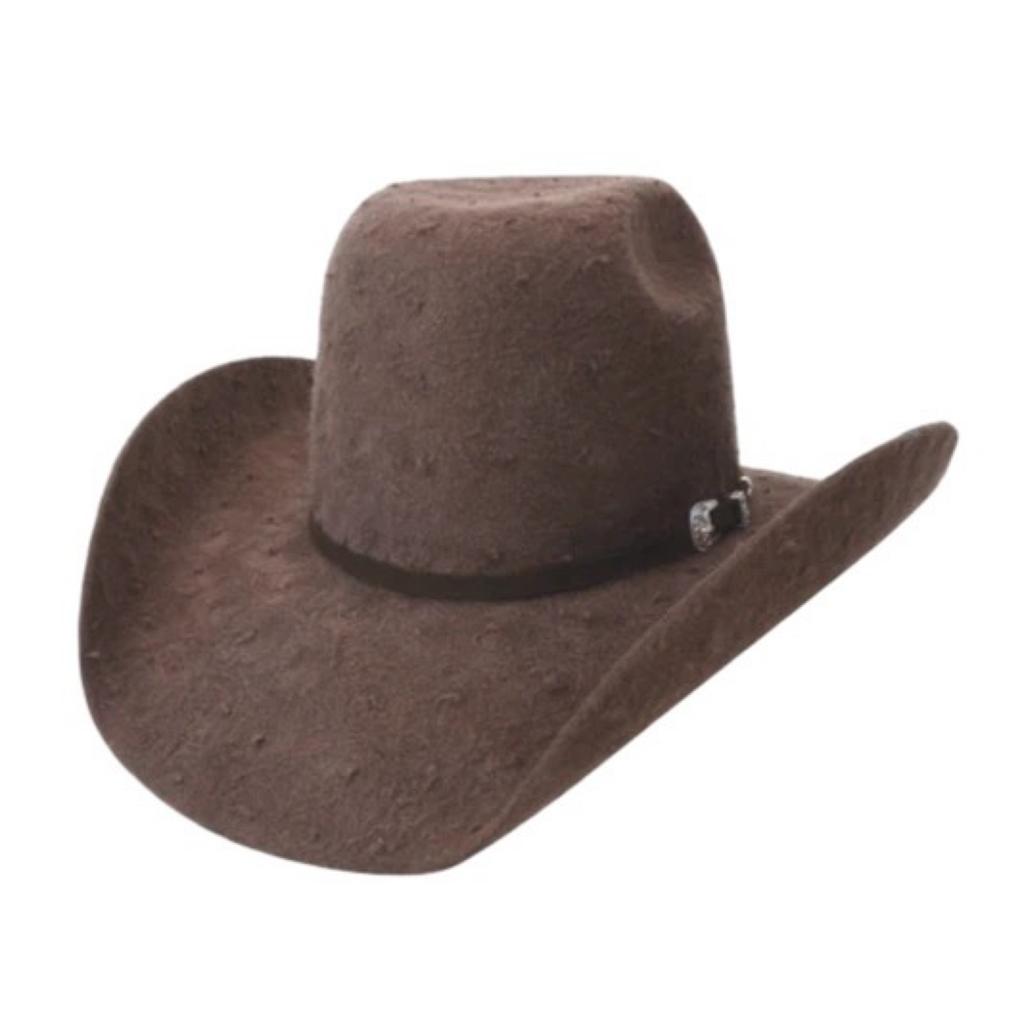 A brown cowboy hat with a pinched crown and a wide brim, featuring a band with a white diamond logo.