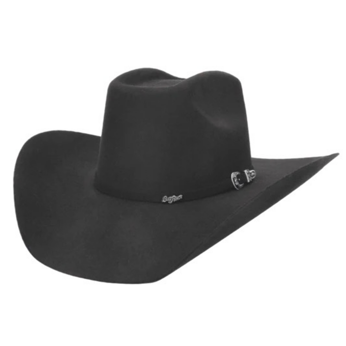 A black cowboy hat with a pin on the side.