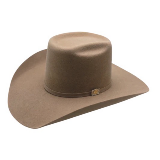 A beige cowboy hat with a round crown and a wide brim, made of wool.
