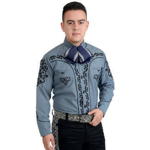 Camisa charra para hombre color azul gris con diseño bordado mexicano