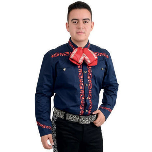 A man wearing a traditional Charro shirt with red embroidery and unique buttons, paired with a belt and trousers.
