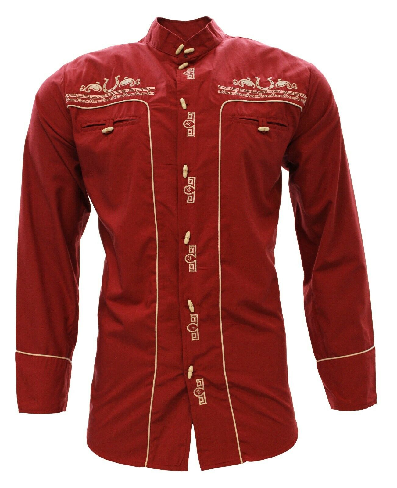 A traditional red Charro shirt with white and gold embroidery and unique buttons.