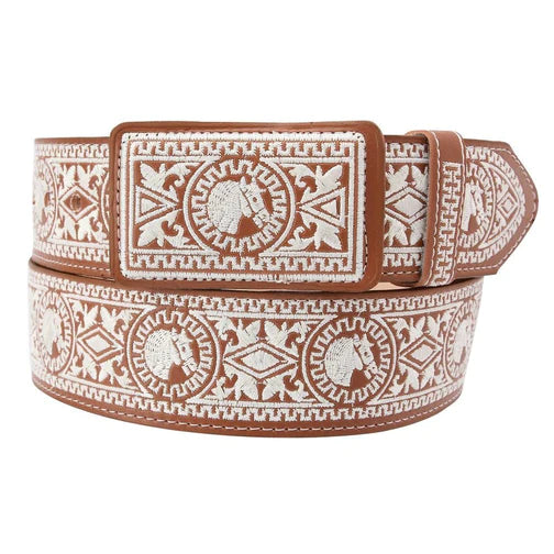 A brown leather belt with white embroidered designs and metallic threading, designed in a herringbone pattern style.