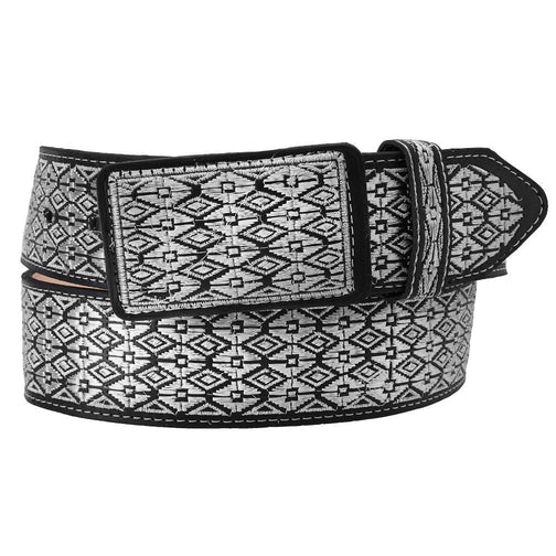 A belt made of vacuum-tanned leather with a geometric pattern and metallic threading, predominantly black and gray in color, with a buckle on the side.