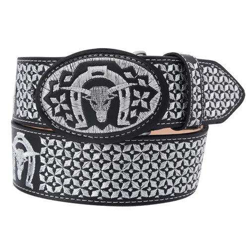 A black leather belt with silver-colored metal embroidery in a herringbone pattern, featuring a buckle with a bull's head design.