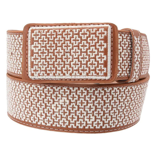 A brown leather belt with a geometric pattern embossed on it, featuring a metal buckle.