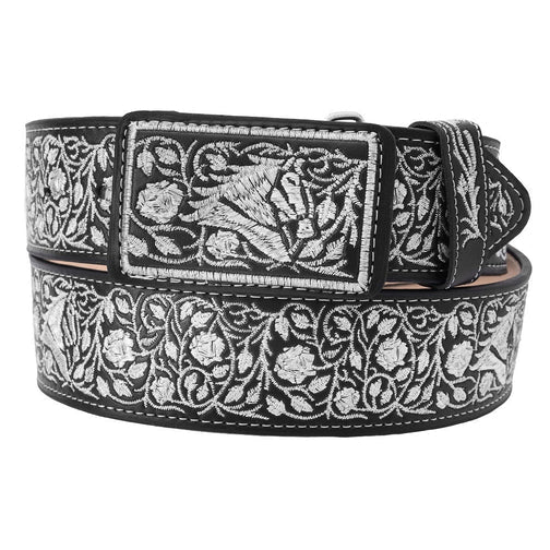 A black leather belt with a floral pattern embossed with silver metal thread, featuring a buckle and a metallic clasp.