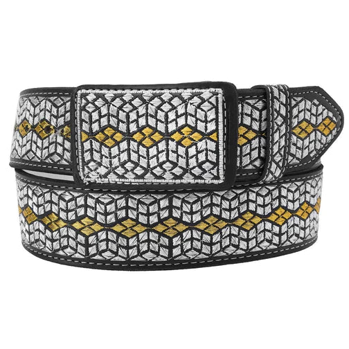 A belt with a geometric pattern featuring a combination of black, white, and gold colors, with metallic threading.