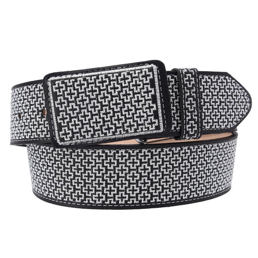 Cinto vaquero bordado ancho 2 pulgadas en negro con grecas en plata. Cinturón western artesanal de piel.