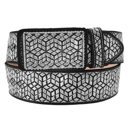 A belt with a metallic threaded pattern on a black leather background, indicating a stylish and possibly premium quality.