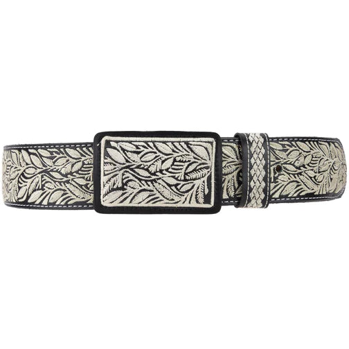 Cinto vaquero bordado ancho 2 pulgadas negro con ramas bordadas en plata. Cinturón charro western artesanal.