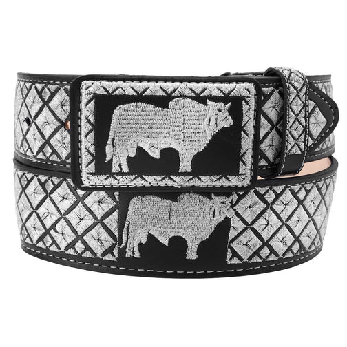 A belt made of cowhide leather with a metallic thread pattern featuring a stylized bull design, primarily in shades of black and gray.