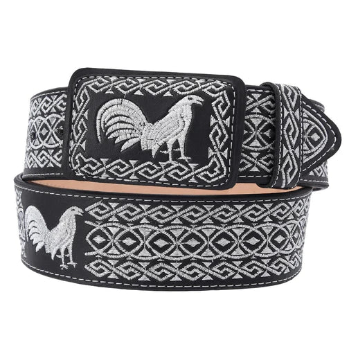 Cinto vaquero bordado ancho 2” negro con diseño de gallo bordado. Cinturón western artesanal mexicano