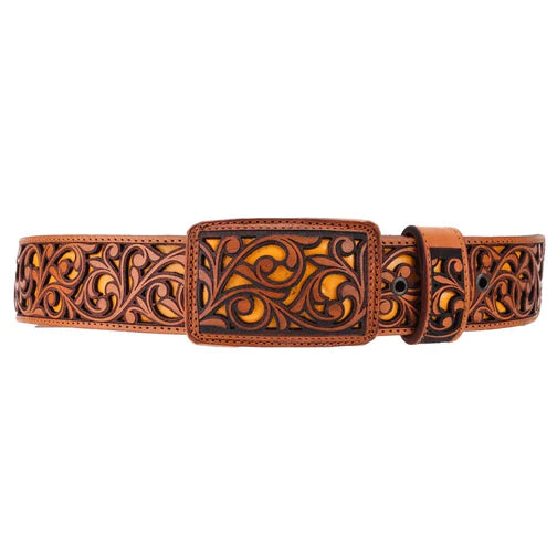 A brown leather belt with a tooled pattern design, featuring a metal buckle.