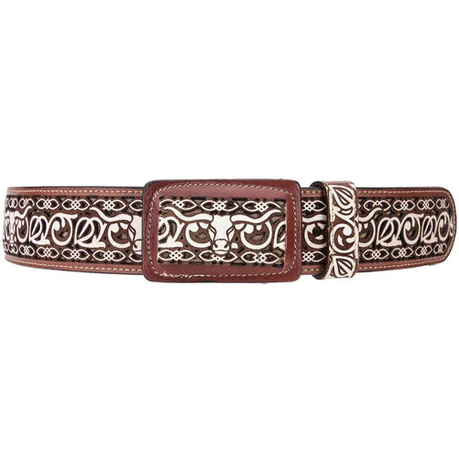 A brown leather belt with a traditional pattern, featuring a bull skull and floral designs, and metal buckle.