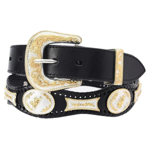 A black leather belt with gold-colored metal buckle and decorative elements along the strap.