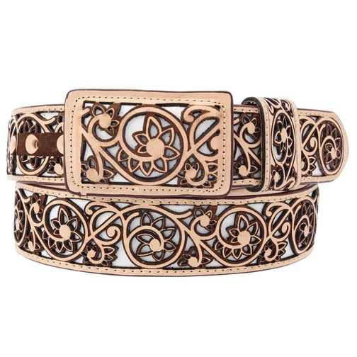 A brown leather belt with a patterned design made using a laser cutter, featuring a rectangular metal buckle.