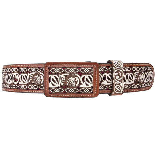 A brown belt with a traditional pattern, featuring a square metal buckle, likely made of leather.