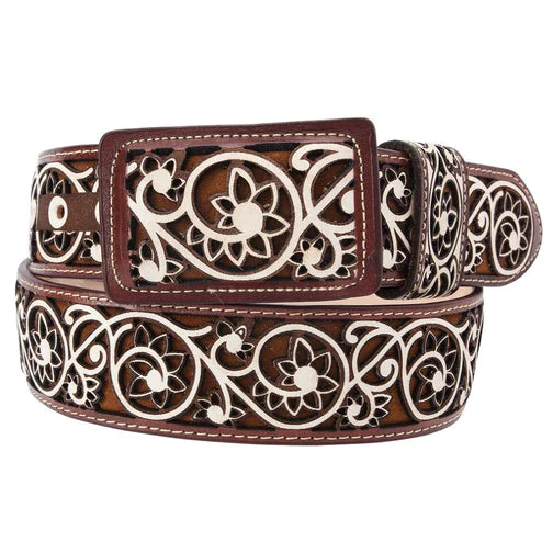 Cinto vaquero combinado en miel y cognac con diseño floral en corte láser, un accesorio charro único y elegante.
