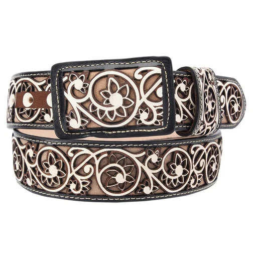A brown leather belt with a floral pattern created by laser cutting, featuring a metallic buckle.