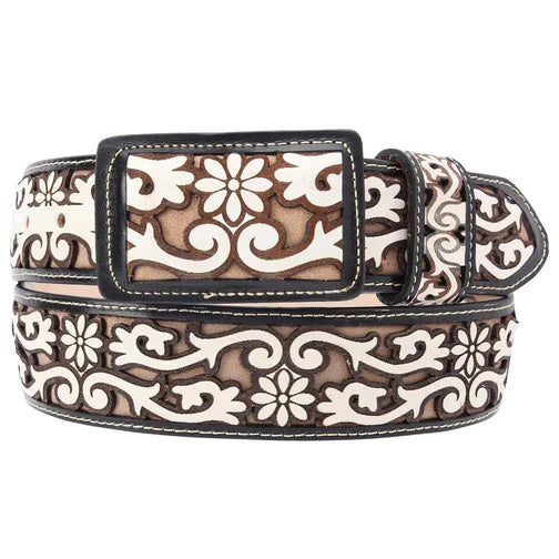 A brown and white leather belt with a floral pattern and a decorative buckle.