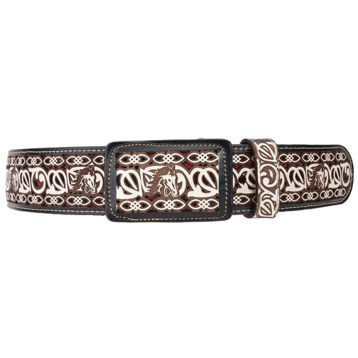 A brown leather belt with a traditional pattern design, featuring a buckle and laser-cut details.