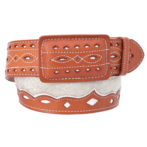 A brown leather belt with a cowhide pattern detail, designed for men.