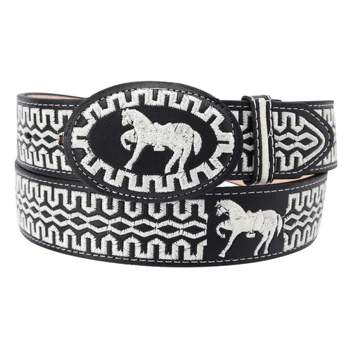 Cinto charro negro con caballo en blanco