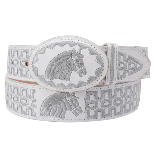 Cinturón charro blanco con detalles plateados de caballo