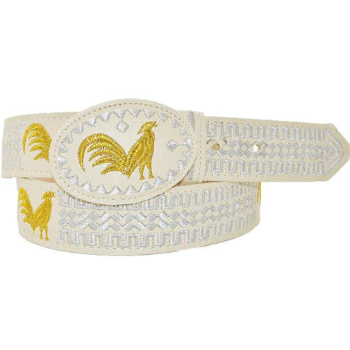 Cinturón charro blanco con detalles dorados y gallo
