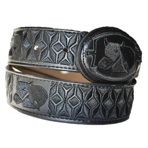 Cinto charro negro para hombre con toro en relieve