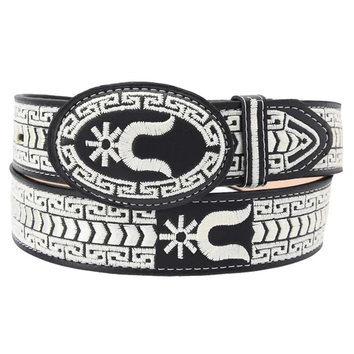 Cinto charro negro con herraduras en blanco