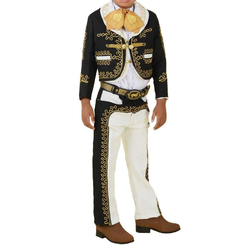 A traditional charro outfit for a boy, featuring a black and gold jacket with embroidery, white pants, a white shirt, and a traditional bowler hat.