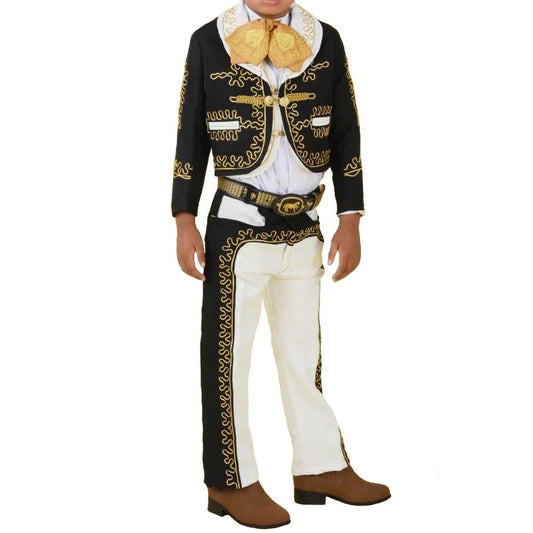 A traditional charro outfit for a boy, featuring a black and gold jacket with embroidery, white pants, a white shirt, and a traditional bowler hat.