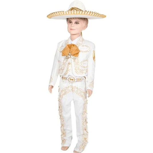 A young boy wearing a traditional charro outfit with white shirt and pants, gold embroidery, and a sombrero.