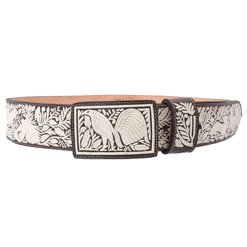 A traditional Mexican embroidered belt with floral and animal patterns, featuring a metallic buckle.