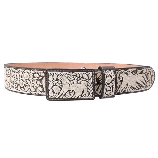 A traditional Mexican embroidered belt with floral patterns and a metallic buckle, primarily in black and white.