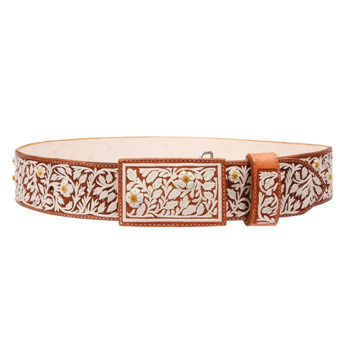 Cinto piteado original miel con diseño floral en blanco bordado artesanal