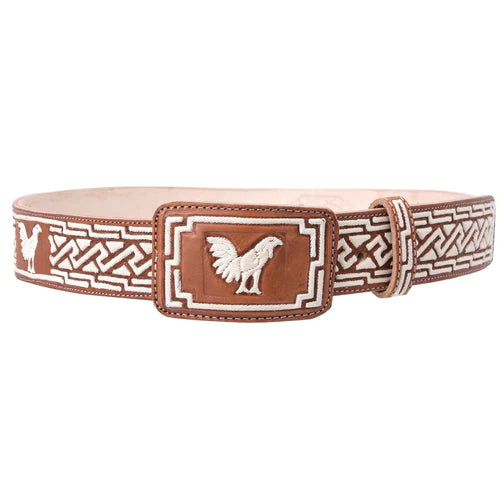 A traditional Mexican embroidered belt with floral and animal patterns, featuring a metallic buckle.