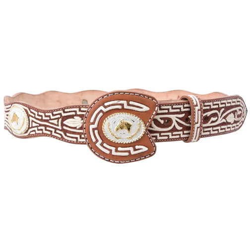 A traditional Mexican charro belt with floral and geometric embroidery, featuring a metallic buckle.