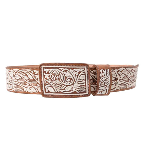A traditional Charro style belt with white diamond pattern embroidery on the leather strap and a metallic buckle.