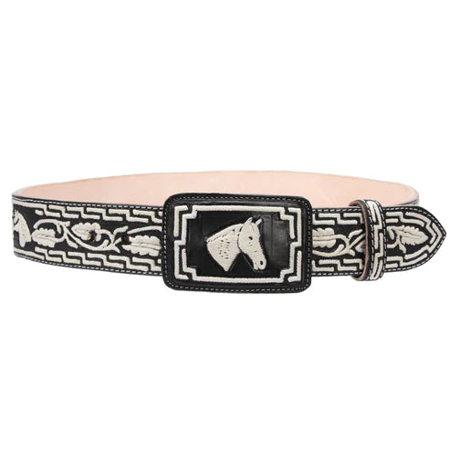 A traditional Mexican embroidered belt with floral and animal patterns, featuring a metallic buckle.