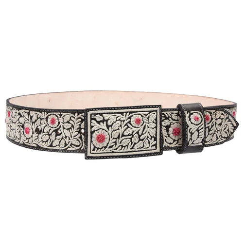 A traditional Mexican embroidered belt with floral patterns and a metallic buckle, predominantly in black and white.