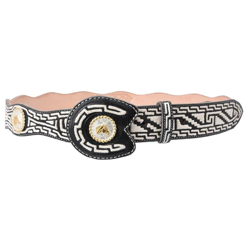 A traditional Mexican piteado belt with white diamond pattern and floral embroidery, featuring a metallic buckle.