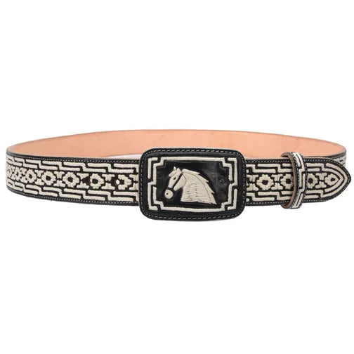 A traditional Mexican embroidered belt with floral and geometric patterns, featuring a metallic buckle.