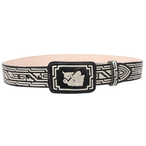 A traditional Mexican embroidered belt with a metallic buckle and floral patterns, predominantly in black and white colors.
